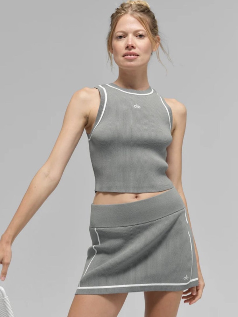 Alo Ribbed Sweater Knit Highline Cropped Tank - Grey Large NWOT
